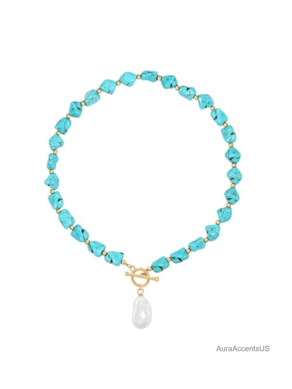 Gold Plated Turquoise Beaded Necklace Baroque Pearl Pendant 18in Choker